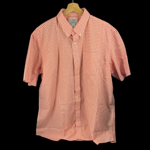 L.L.Bean Mens Orange Gingham Check Short Sleeve Button-Up Shirt Size L-Tall - Picture 1 of 6